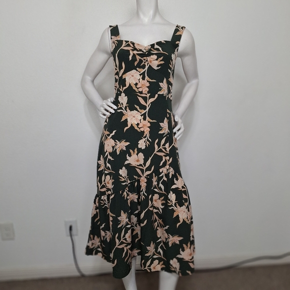 (NEW) Sweetheart Neck Green Dark Cottagecore Prairie Floral Tiered Midi Dress M - Picture 2 of 14